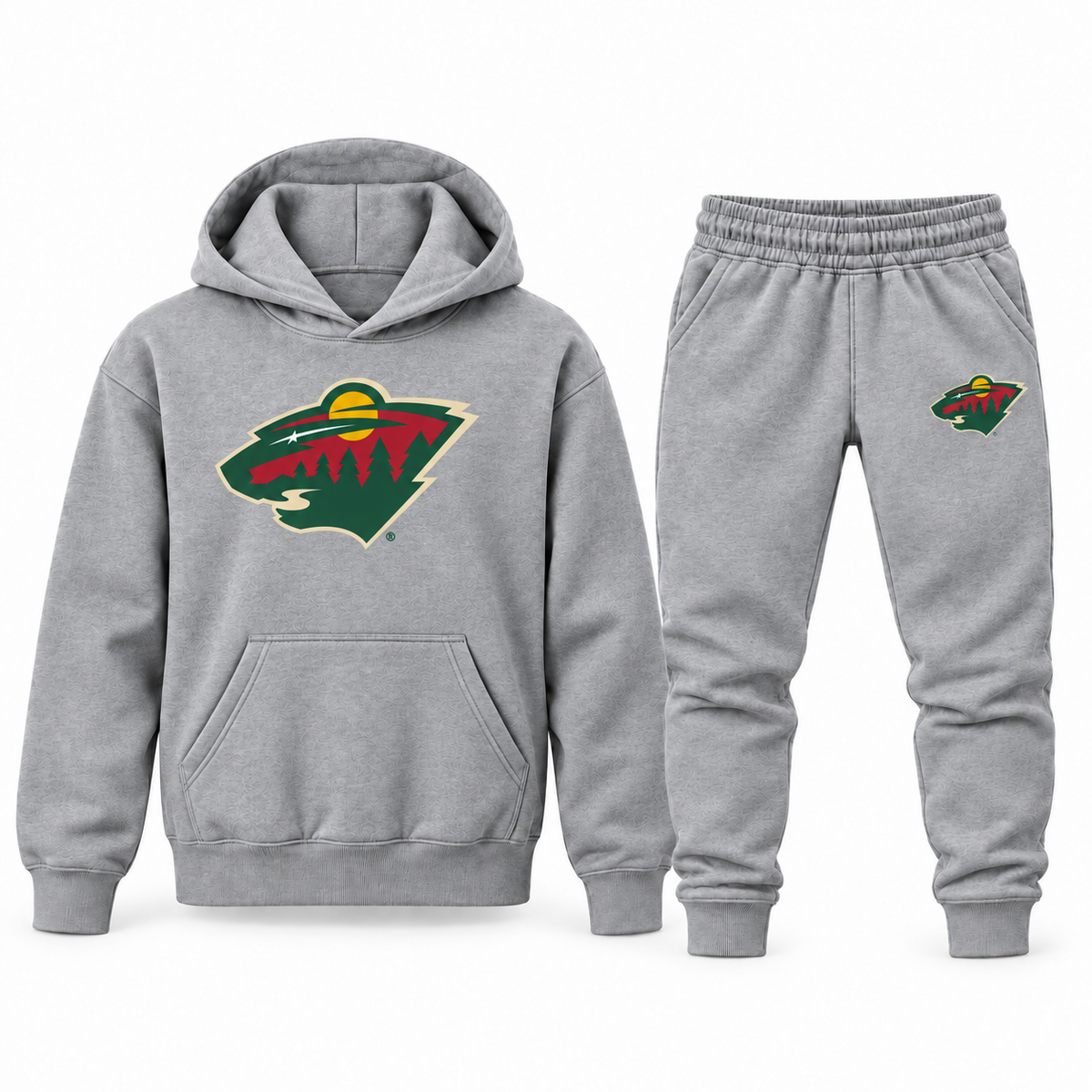 Gray youth hoodie and jogger set with Minnesota Wild logo