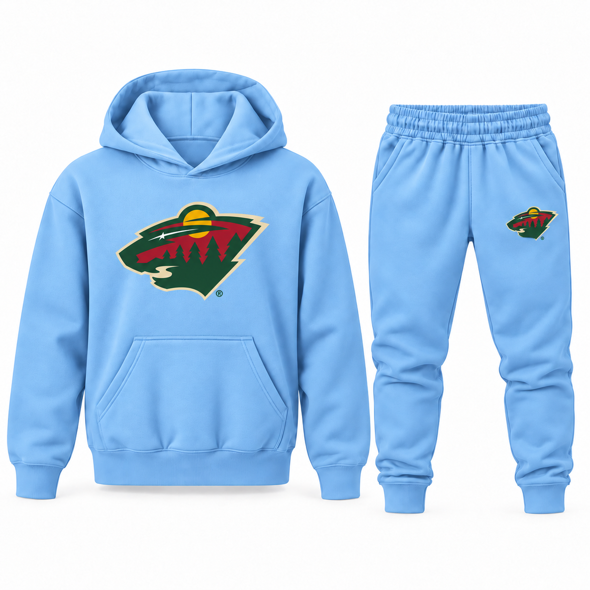 Sky Blue youth hoodie and jogger set with Minnesota Wild logo