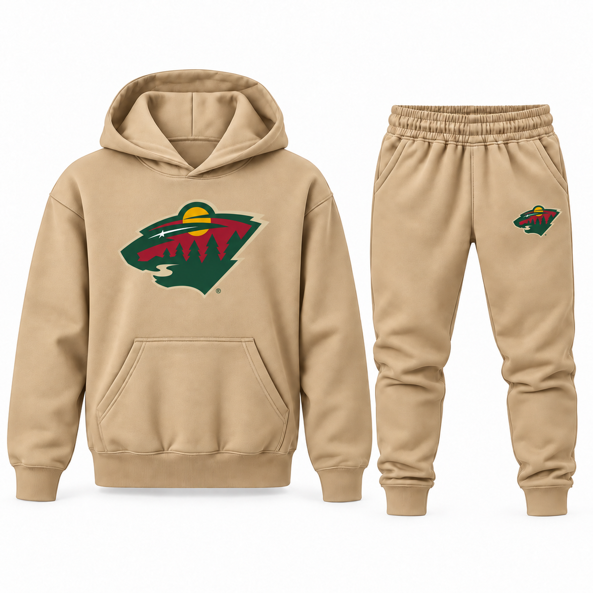 Tan youth hoodie and jogger set with Minnesota Wild logo