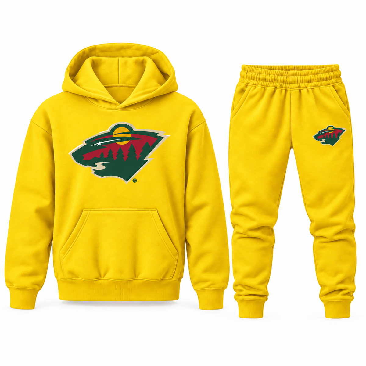Yellow youth hoodie and jogger set with Minnesota Wild logo