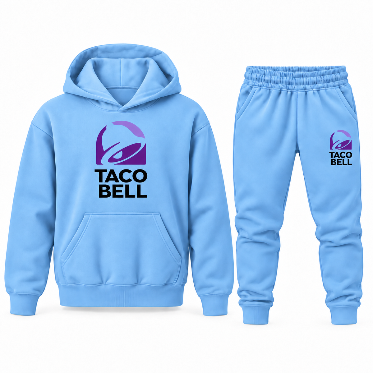 Sky Blue youth hoodie and jogger set with Taco Bell logo