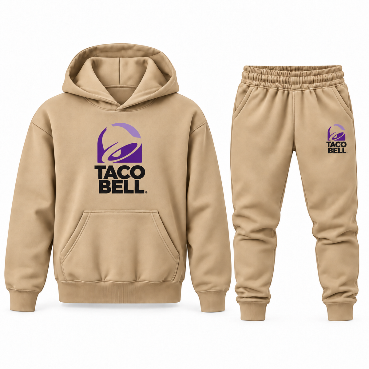 Tan youth hoodie and jogger set with complete Taco Bell logo