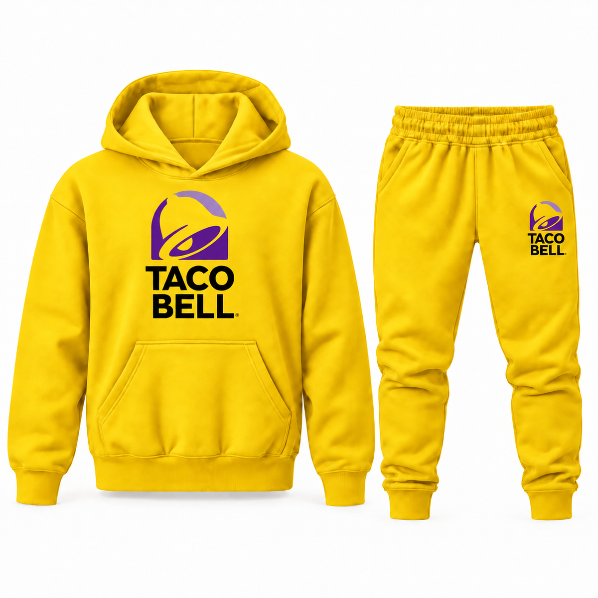 Yellow youth hoodie and jogger set with Taco Bell logo