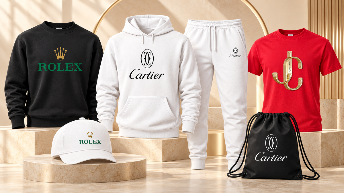 Luxury Brands collection: Rolex crewneck and cap, Cartier hoodie and joggers with drawstring bag, and Jimmy Choo red T-shirt.