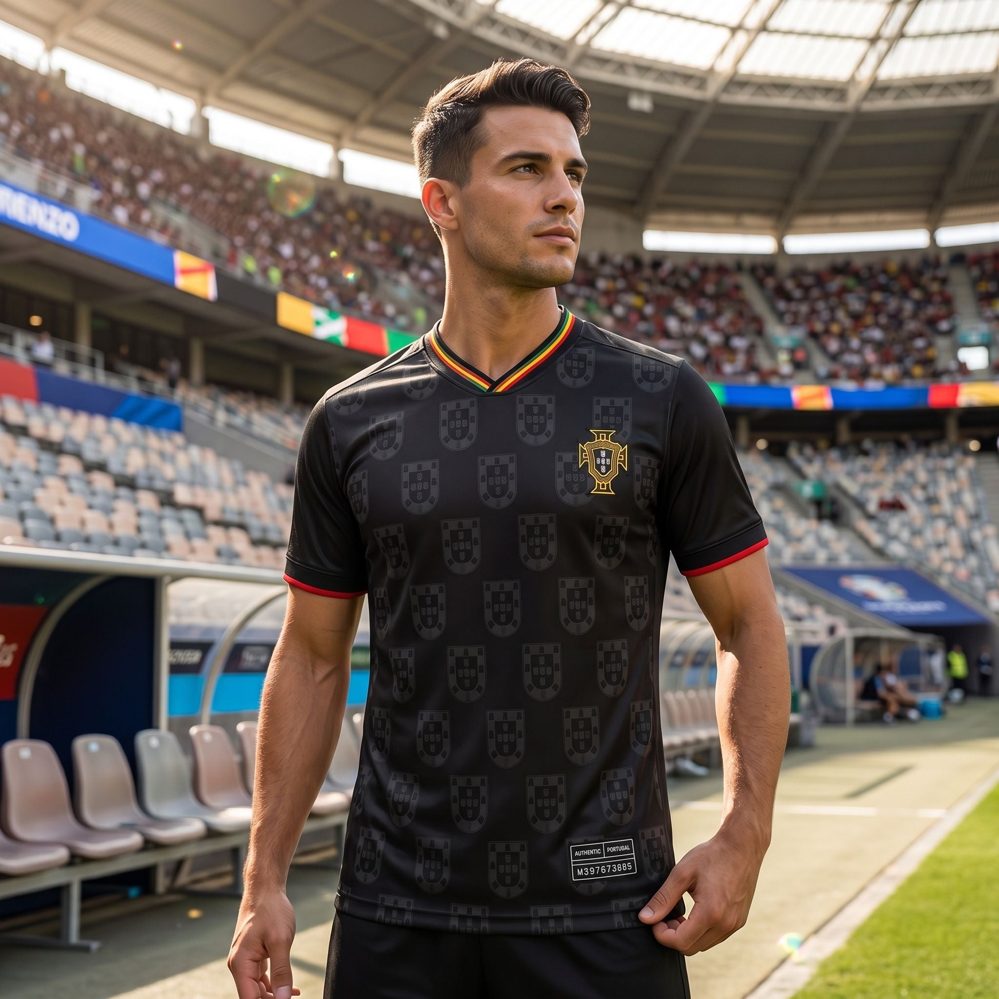Model wearing Portugal men's soccer jersey in stadium, natural daylight, emphasizing athletic fit and breathable fabric.