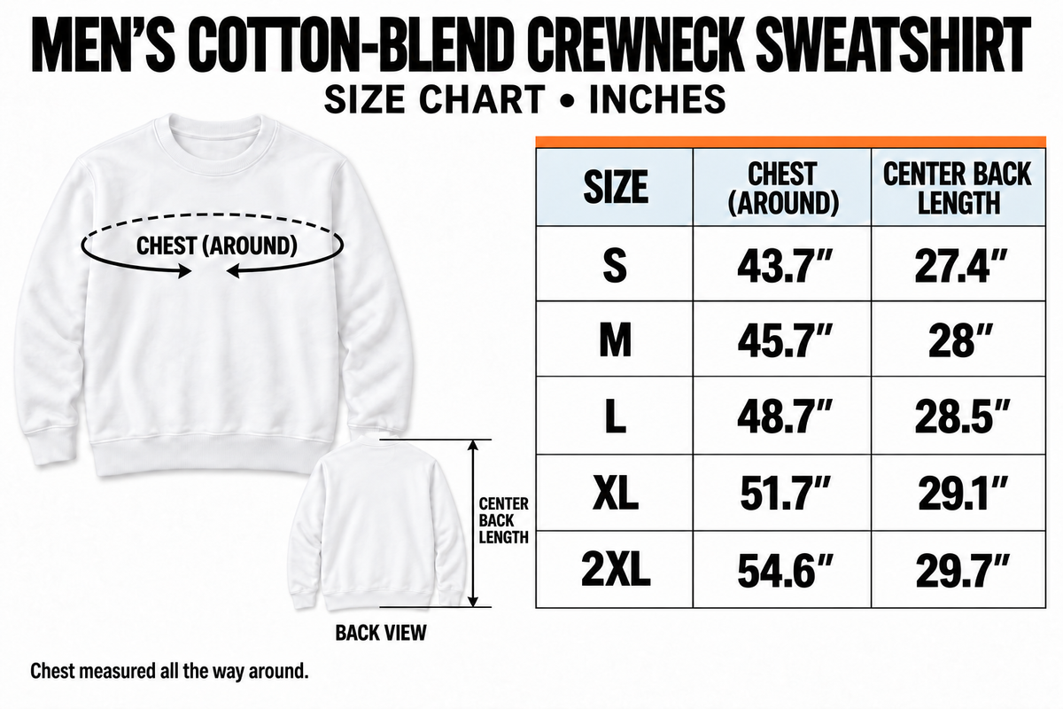 Men's cotton-blend crewneck sweatshirt size chart, S–2XL, inches