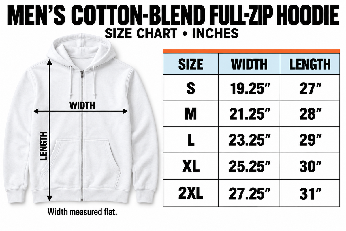 Men's cotton-blend full-zip hoodie size chart, S–2XL, inches