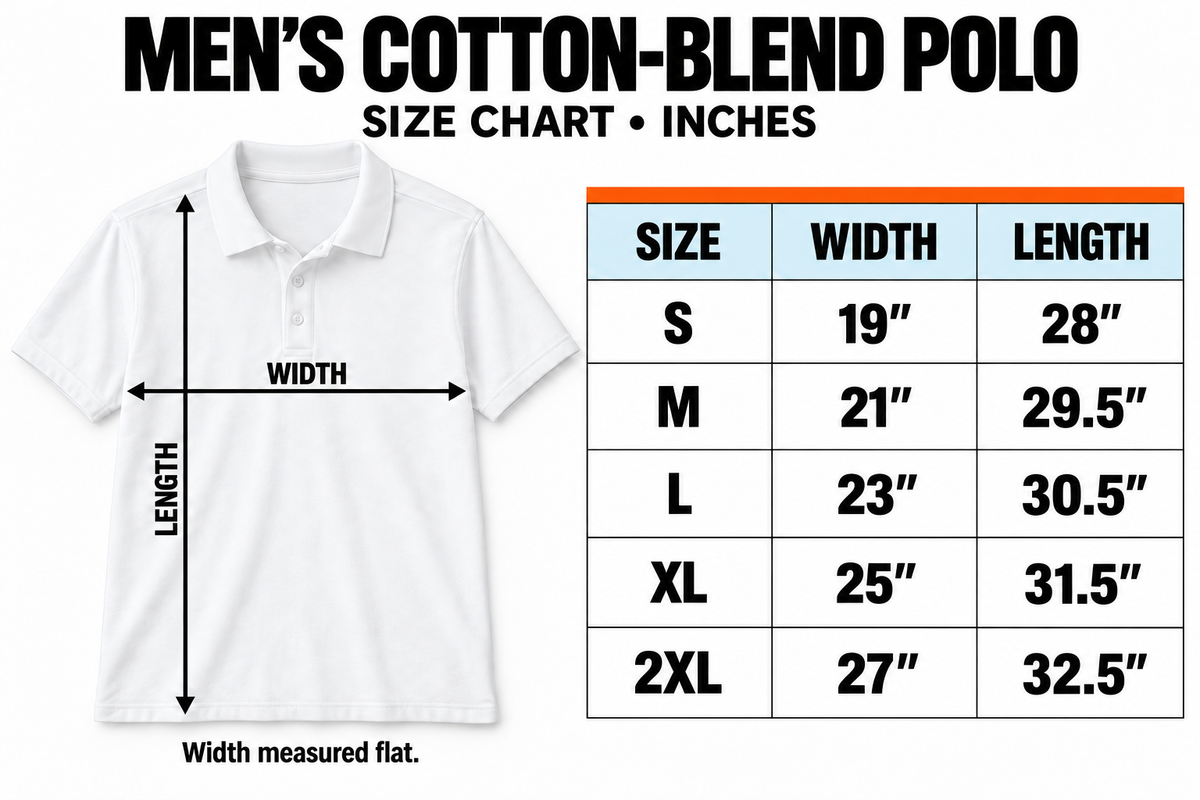 Men's cotton-blend polo size chart, S–2XL, inches
