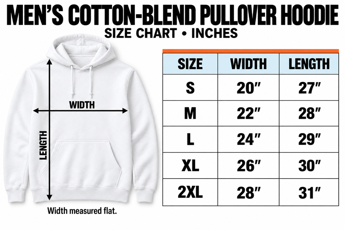 Men's cotton-blend pullover hoodie size chart, S–2XL, inches