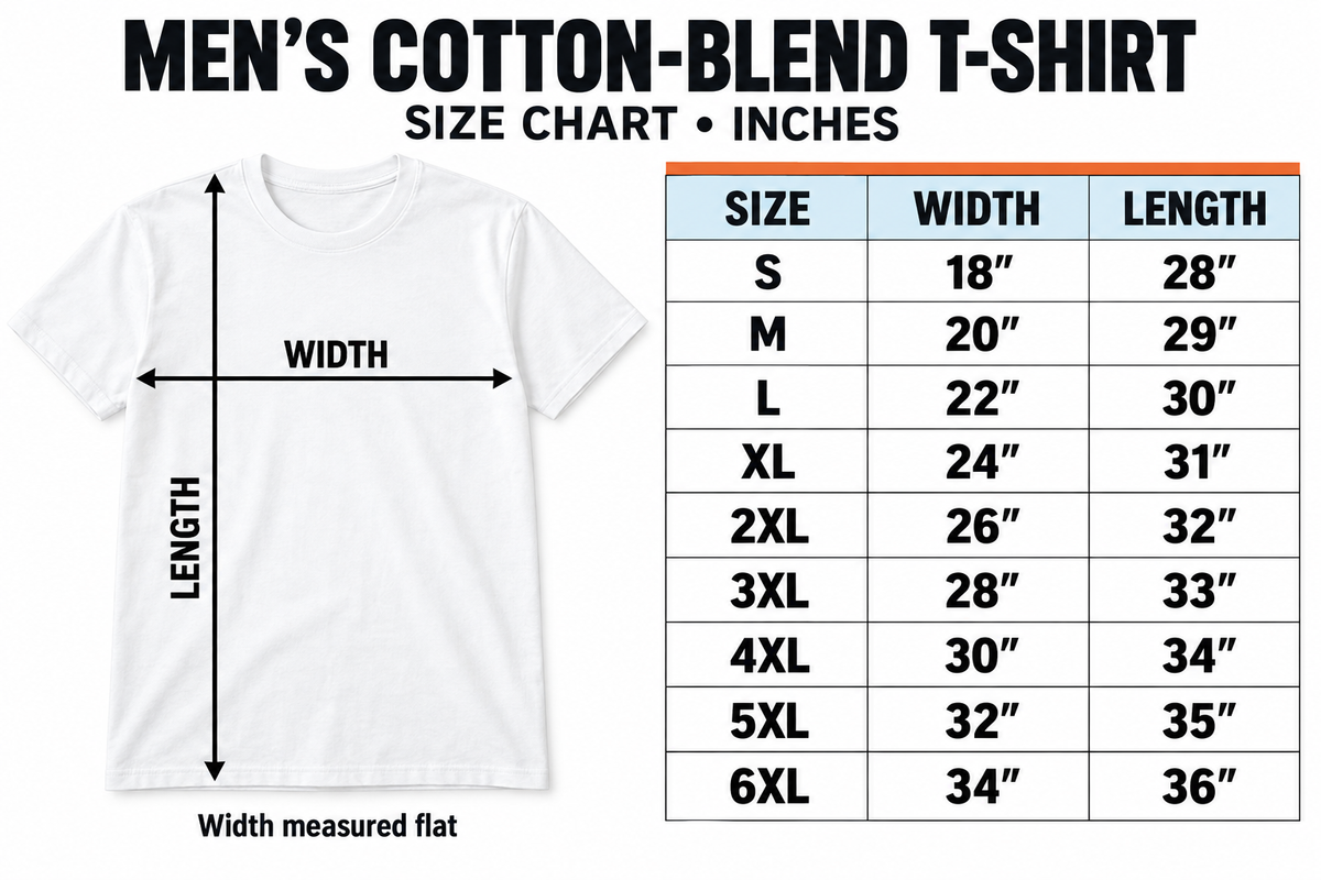 Men's cotton-blend T-shirt size chart, S–6XL, inches