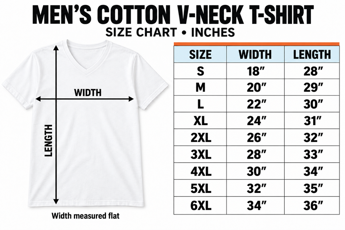 Men's cotton V-neck T-shirt size chart, S–6XL, inches