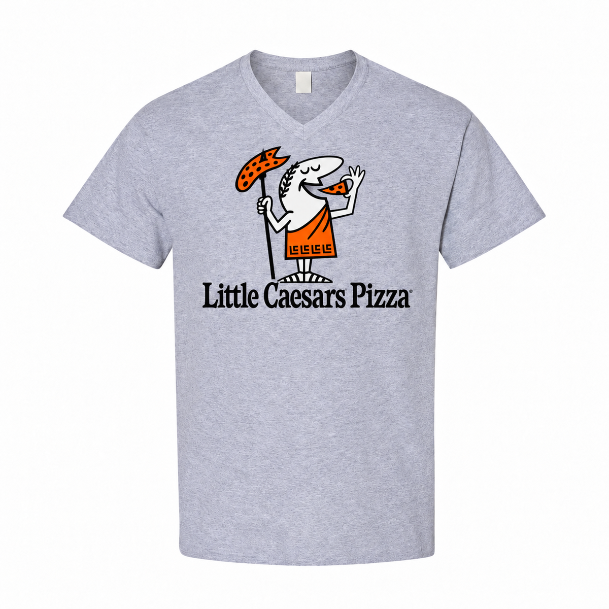 Men's Little Caesars Cotton V-Neck T-Shirt - gray with small tear-away neck tag