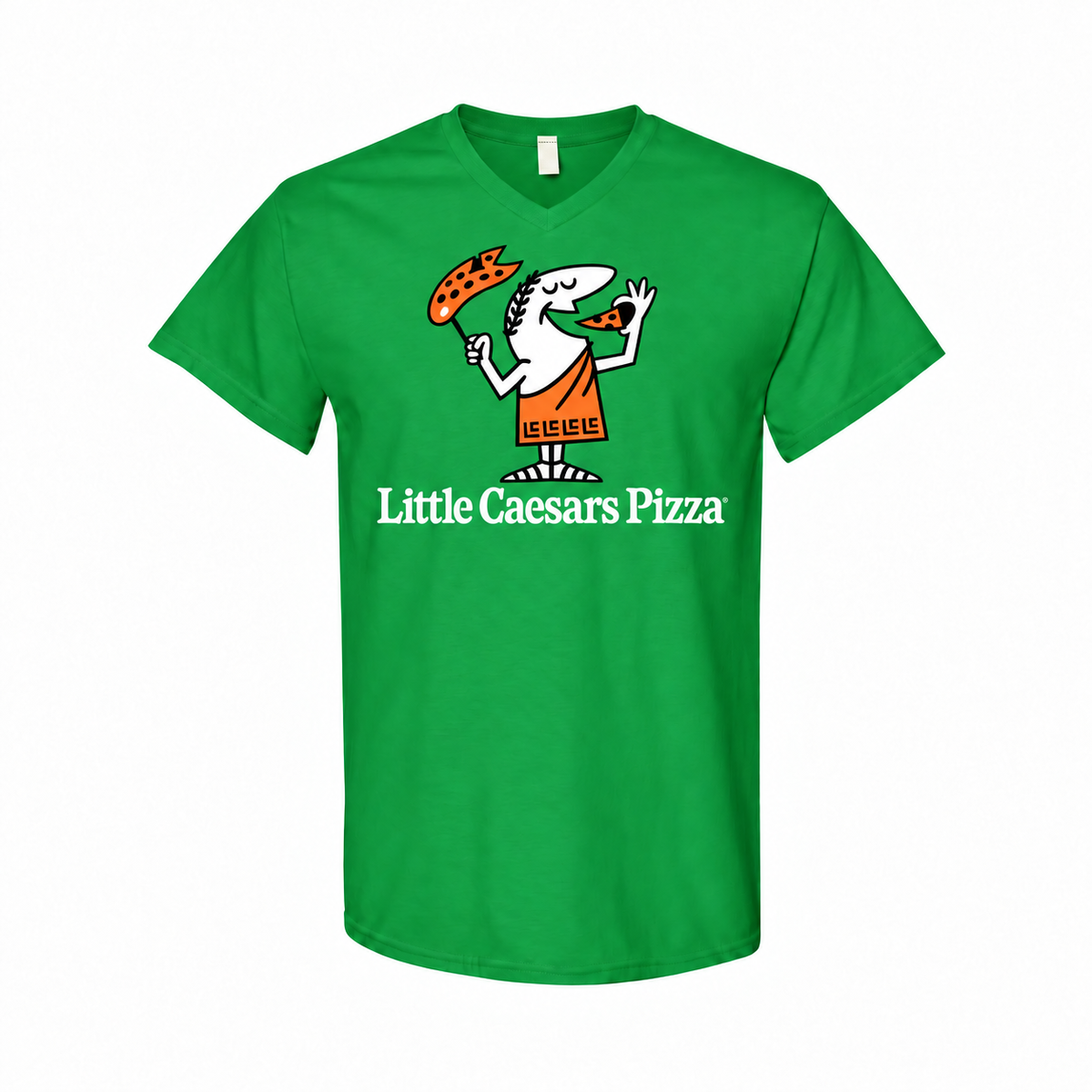 Men's Little Caesars Cotton V-Neck T-Shirt - green with small tear-away neck tag