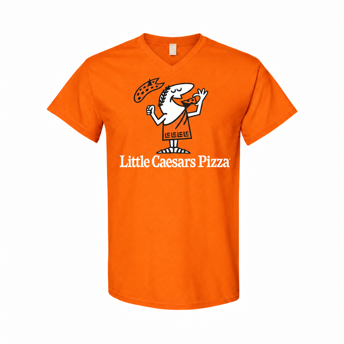 Men's Little Caesars Cotton V-Neck T-Shirt - orange with small tear-away neck tag