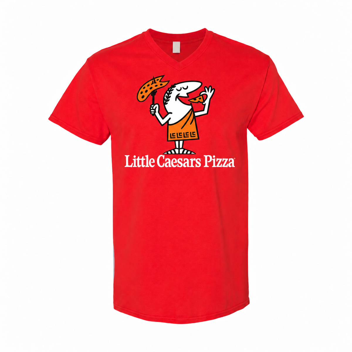 Men's Little Caesars Cotton V-Neck T-Shirt - red with small tear-away neck tag
