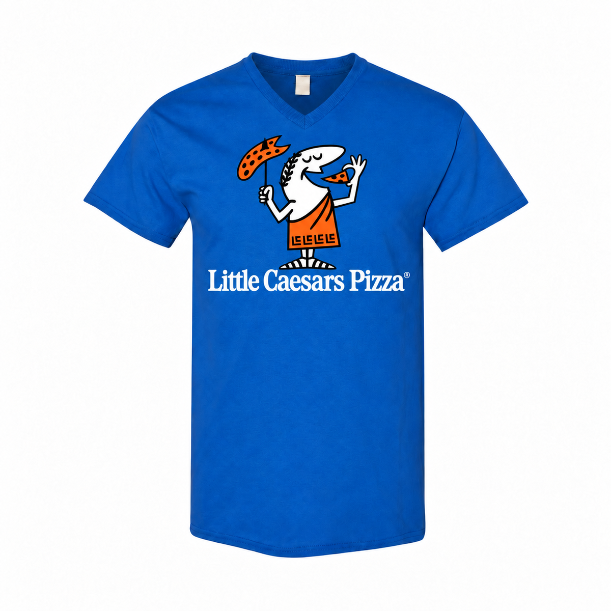 Men's Little Caesars Cotton V-Neck T-Shirt - royal blue with small tear-away neck tag