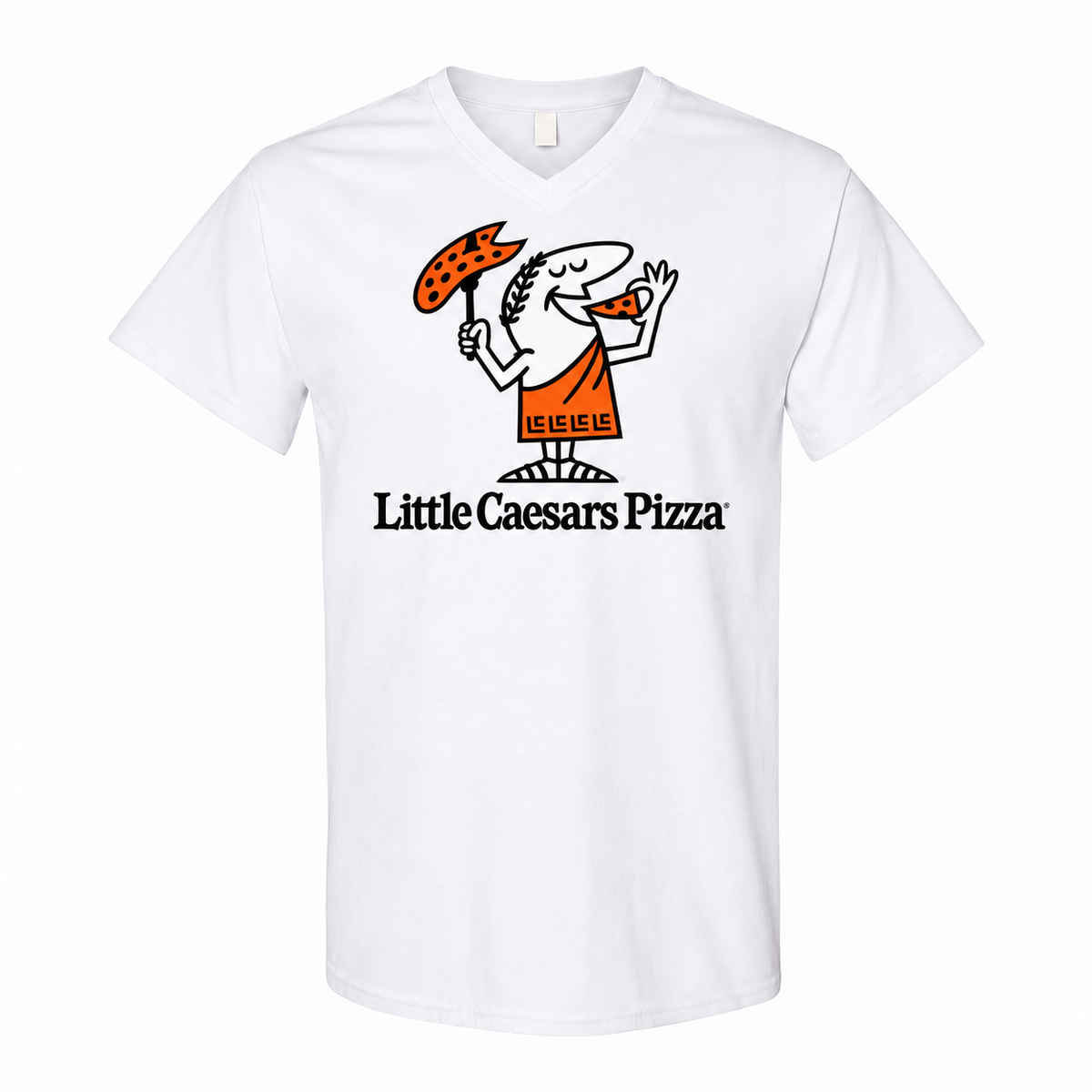 Men's Little Caesars Cotton V-Neck T-Shirt - white with small tear-away neck tag