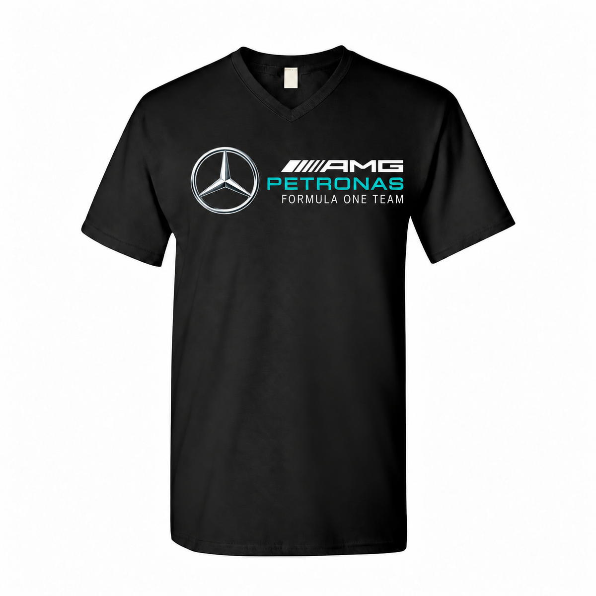 Men's Mercedes AMG Petronas Formula One Team Cotton V-Neck T-Shirt - black with small tear-away neck tag
