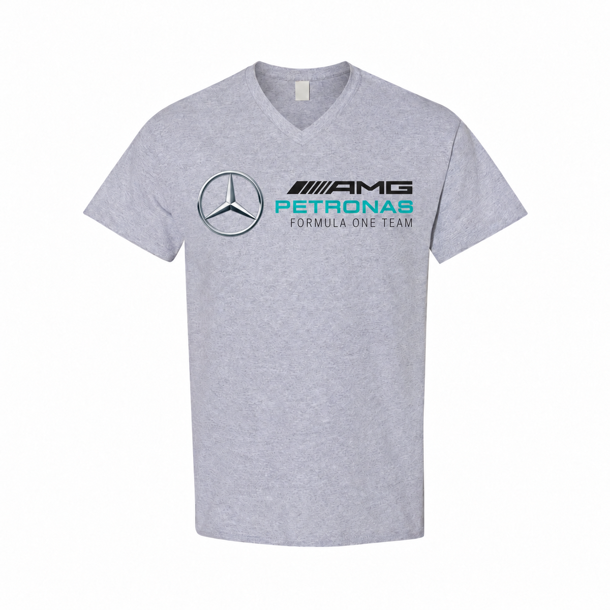 Men's Mercedes AMG Petronas Formula One Team Cotton V-Neck T-Shirt - gray with small tear-away neck tag