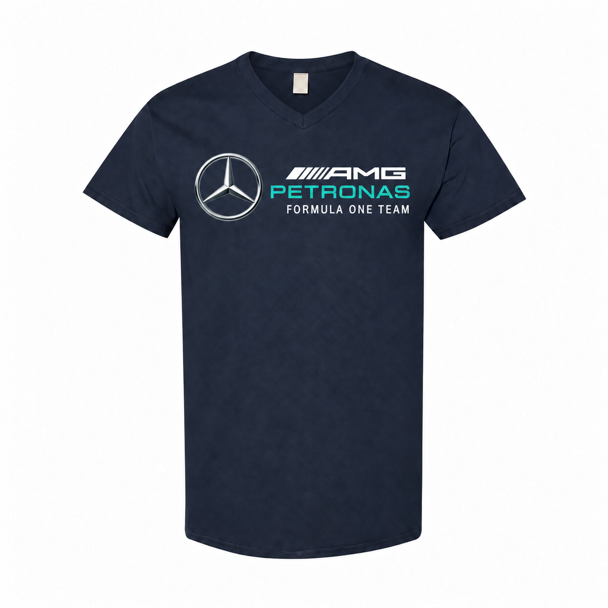 Men's Mercedes AMG Petronas Formula One Team Cotton V-Neck T-Shirt - navy with small tear-away neck tag