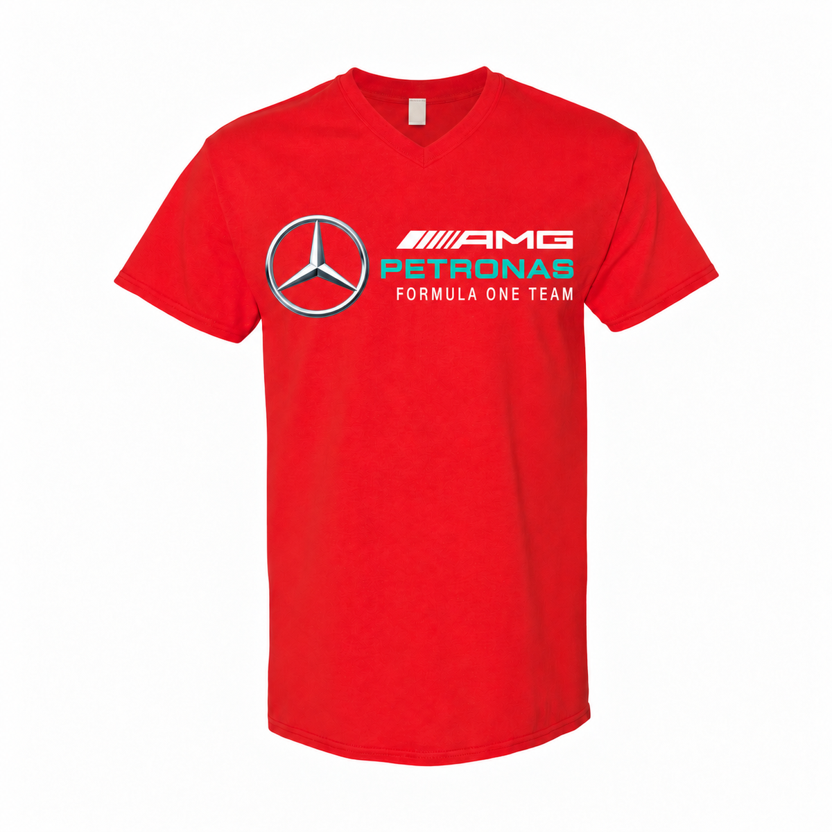 Men's Mercedes AMG Petronas Formula One Team Cotton V-Neck T-Shirt - red with small tear-away neck tag