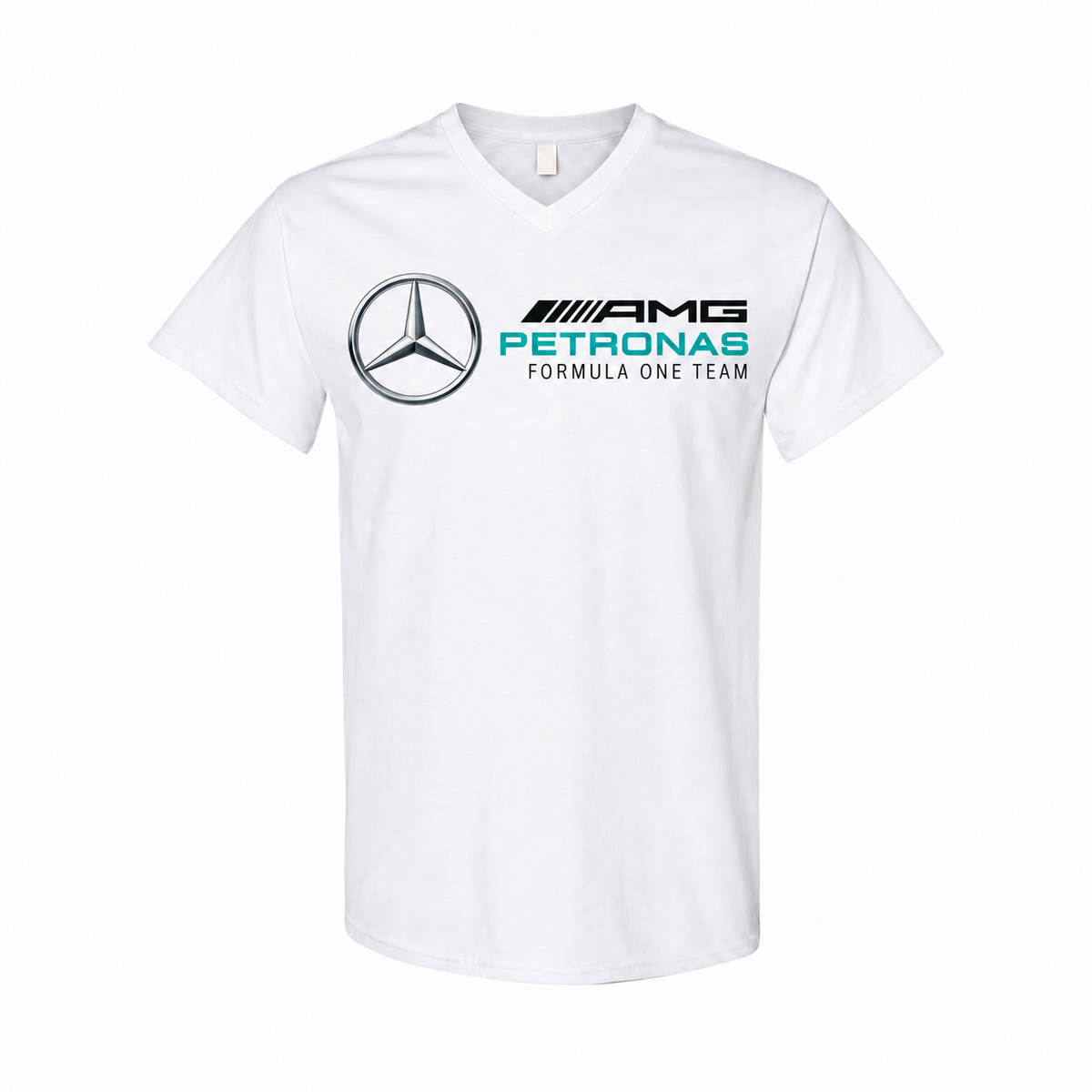 Men's Mercedes AMG Petronas Formula One Team Cotton V-Neck T-Shirt - white with small tear-away neck tag