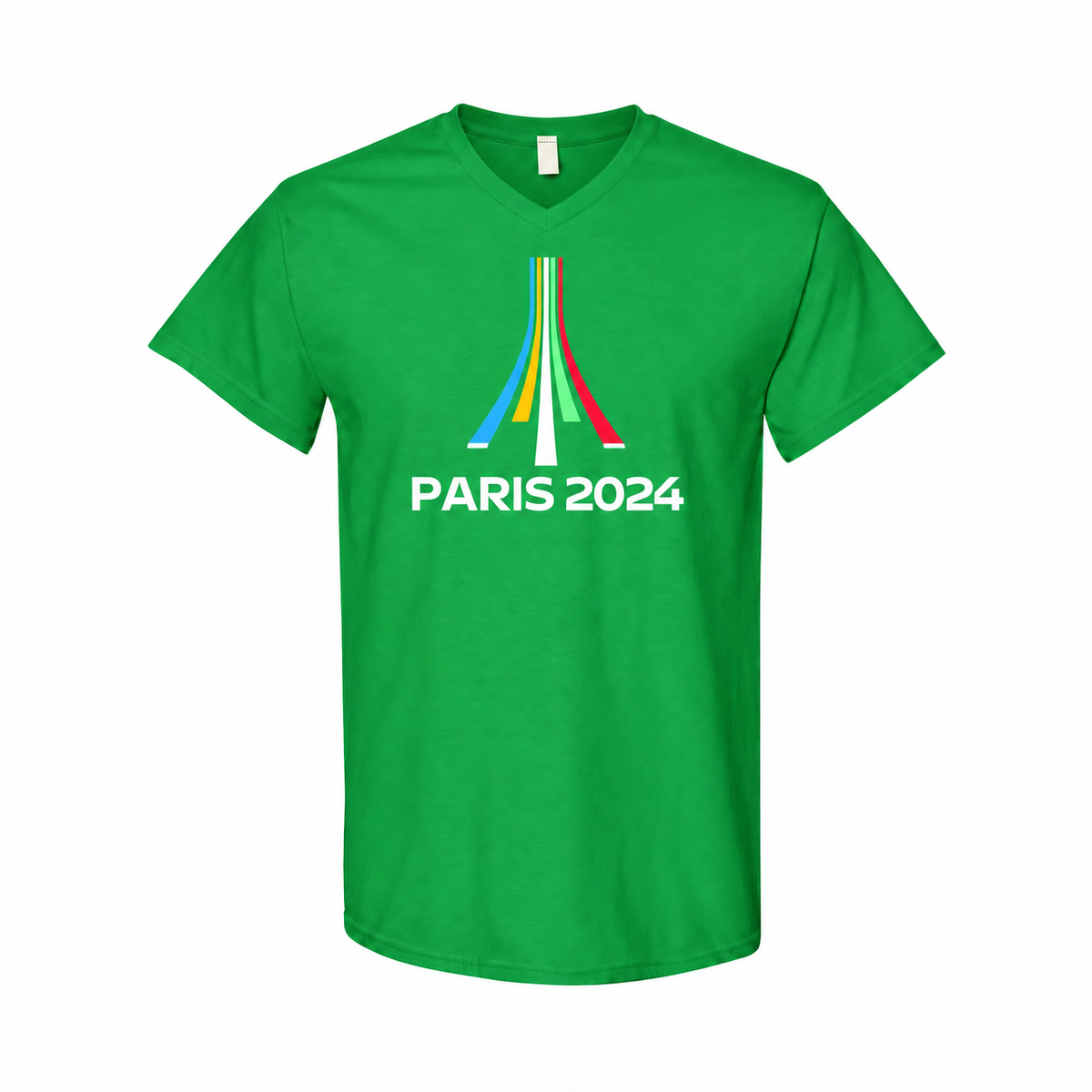 Men's Paris 2024 Olympics Cotton V-Neck T-Shirt - green with small tear-away neck tag