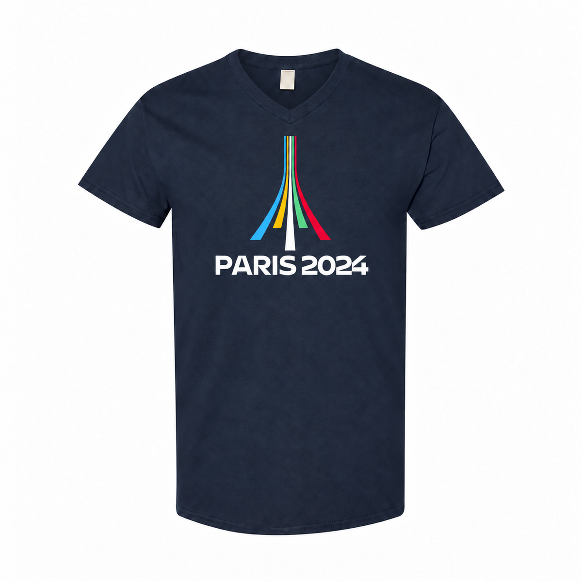 Men's Paris 2024 Olympics Cotton V-Neck T-Shirt - navy with small tear-away neck tag