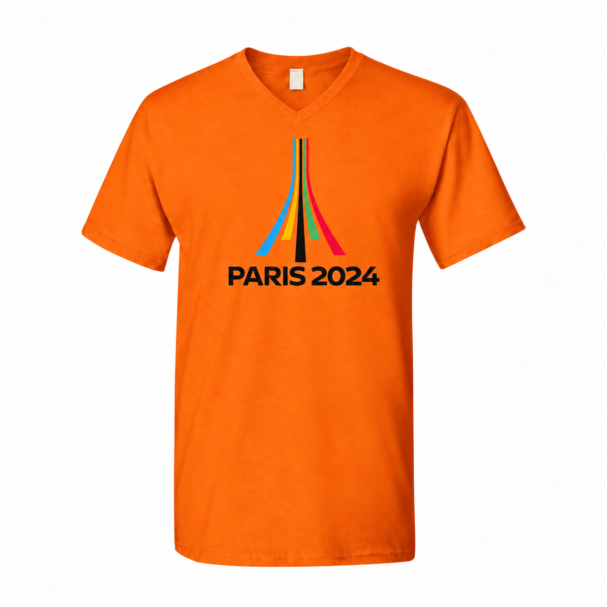 Men's Paris 2024 Olympics Cotton V-Neck T-Shirt - orange with small tear-away neck tag