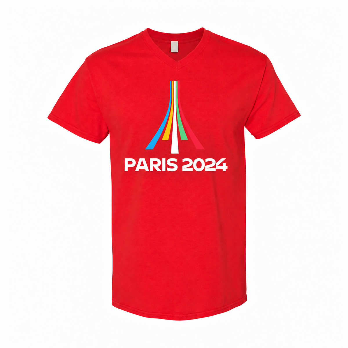 Men's Paris 2024 Olympics Cotton V-Neck T-Shirt - red with small tear-away neck tag