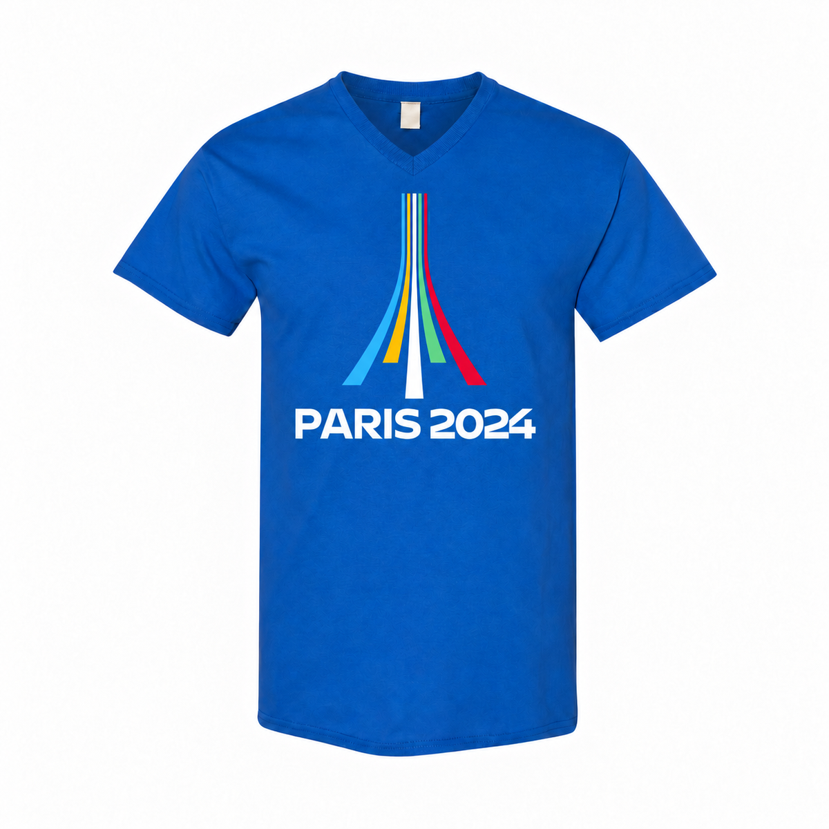 Men's Paris 2024 Olympics Cotton V-Neck T-Shirt - royal blue with small tear-away neck tag
