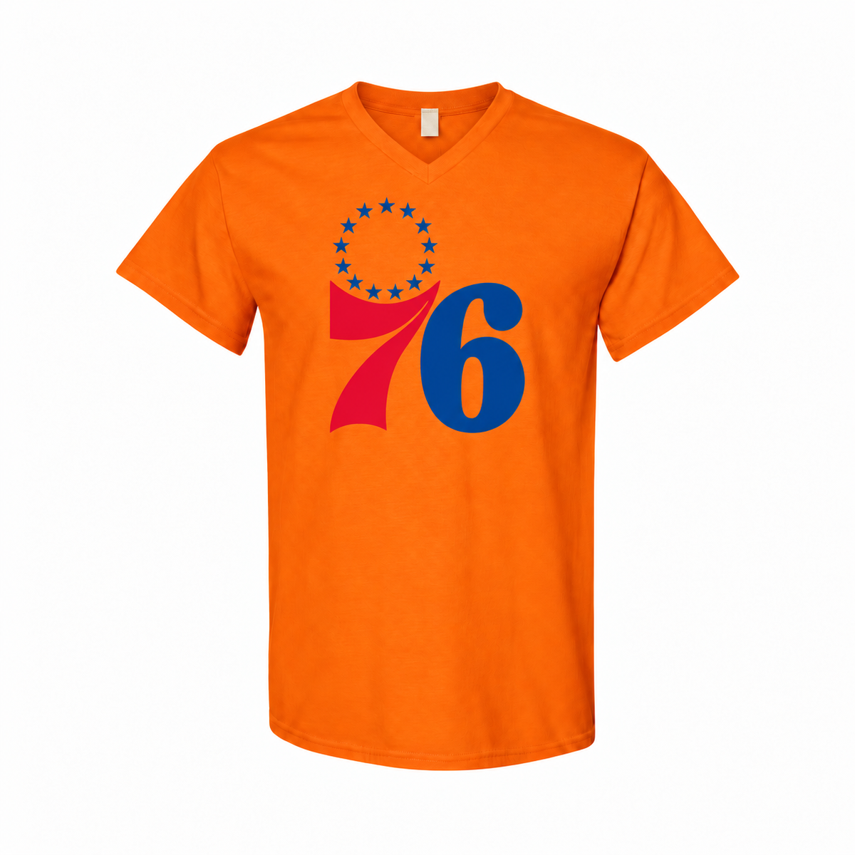 Men's Philadelphia 76ers Cotton V-Neck T-Shirt - orange with small tear-away neck tag