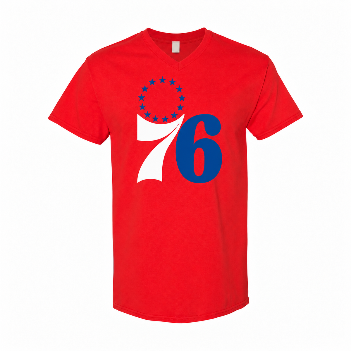 Men's Philadelphia 76ers Cotton V-Neck T-Shirt - red with small tear-away neck tag