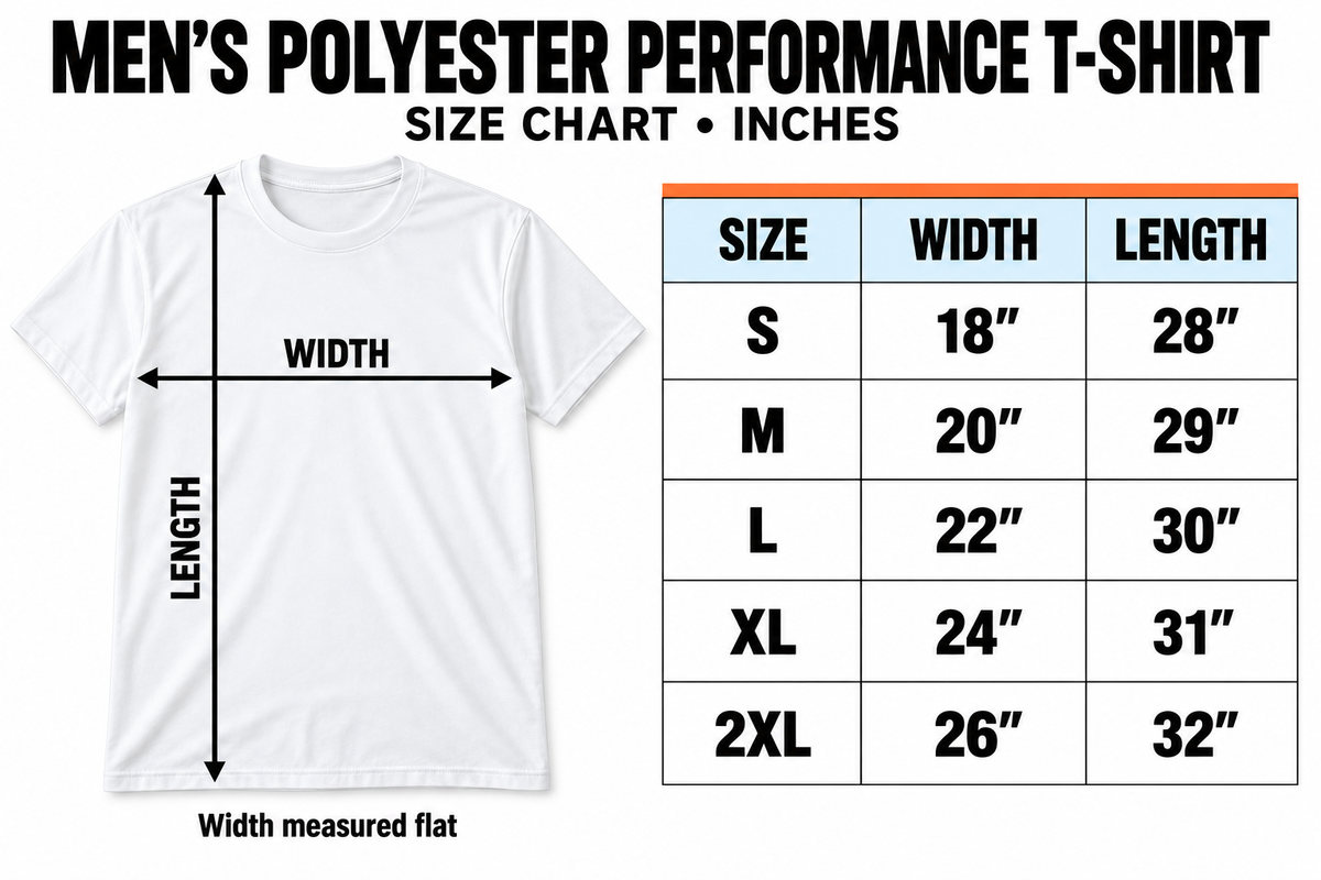 Men's polyester performance T-shirt size chart, S–2XL, inches