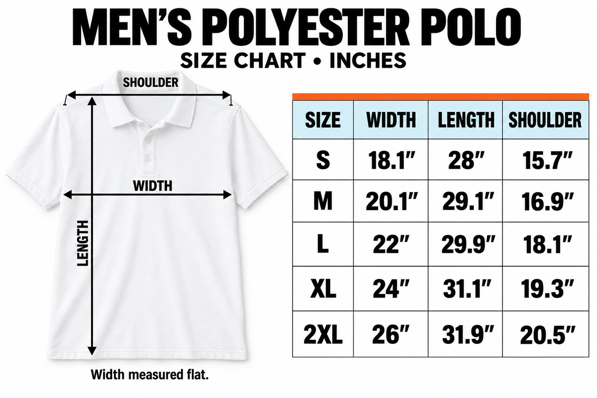 Men's polyester polo size chart, S–2XL, inches