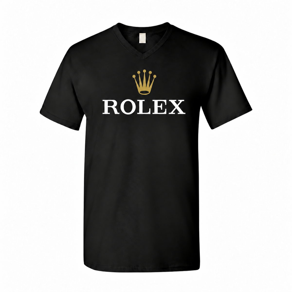 Men's Rolex cotton V-neck T-shirt in black, gold crown and contrasting white wordmark