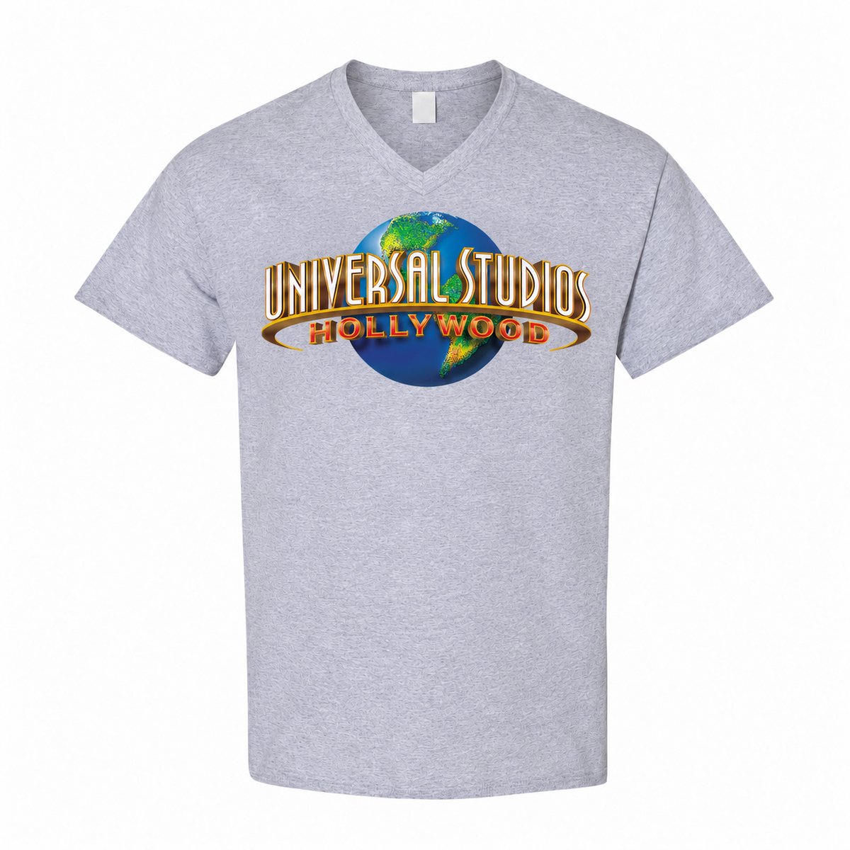 Men's Universal Studios Hollywood Cotton V-Neck T-Shirt - gray with small tear-away neck tag