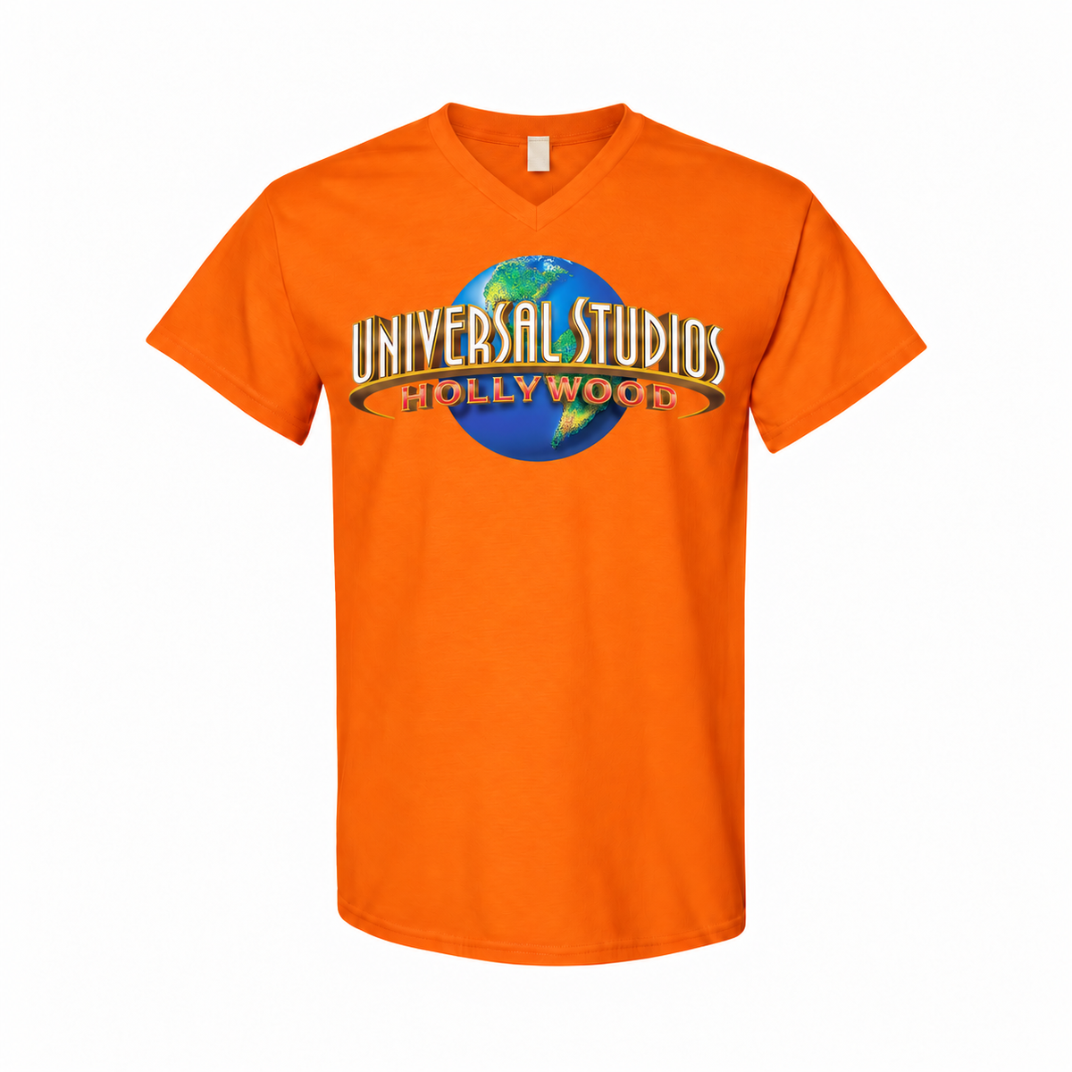 Men's Universal Studios Hollywood Cotton V-Neck T-Shirt - orange with small tear-away neck tag