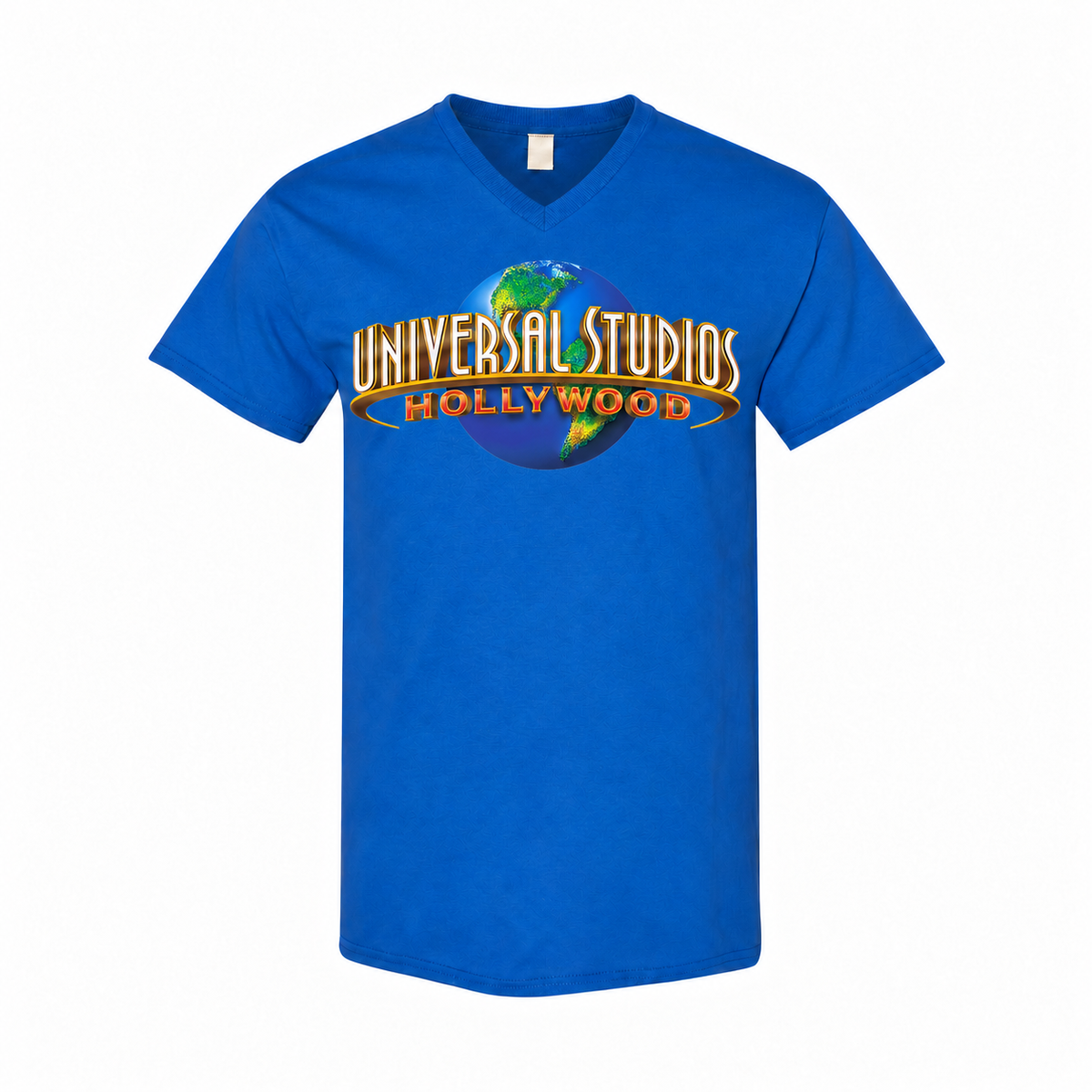 Men's Universal Studios Hollywood Cotton V-Neck T-Shirt - royal blue with small tear-away neck tag