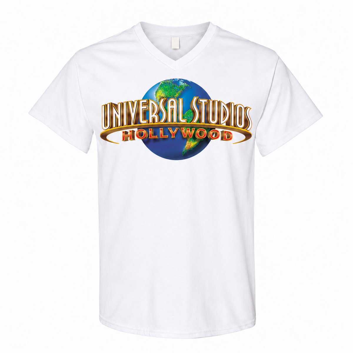 Men's Universal Studios Hollywood Cotton V-Neck T-Shirt - white with small tear-away neck tag