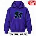 Miami Marlins Purple sale youth pullover hoodie with original design, YOUTH LARGE label and SALE $25 badge.