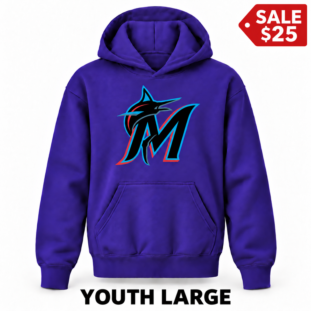 Miami Marlins Purple sale youth pullover hoodie with original design, YOUTH LARGE label and SALE $25 badge.