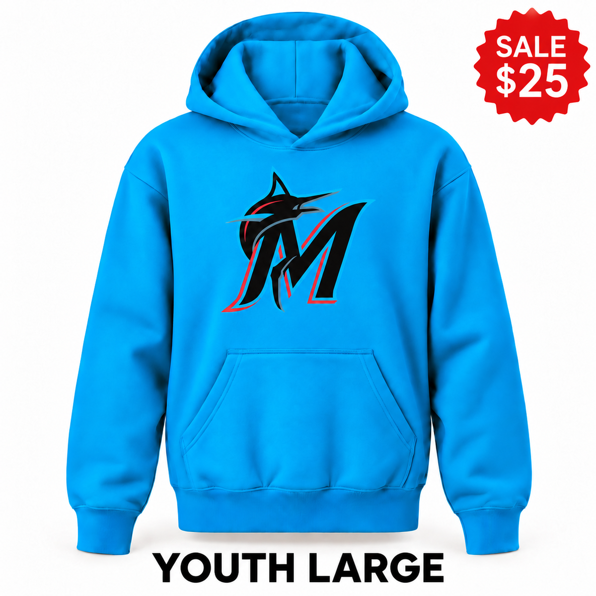 Miami Marlins Turquoise sale youth pullover hoodie with original design, YOUTH LARGE label and SALE $25 badge.