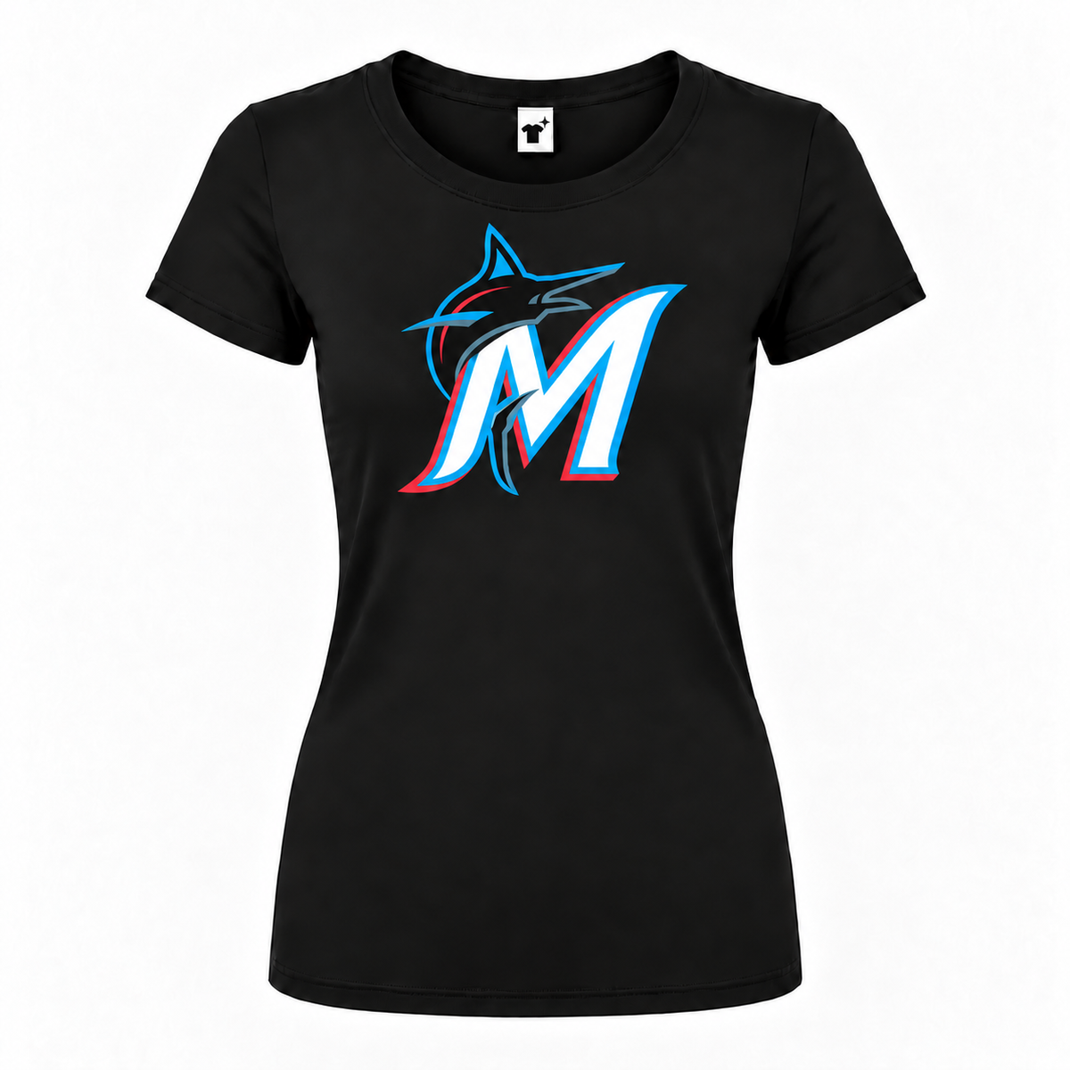 Miami Marlins women's round neck T-shirt in Black with source-faithful fish artwork and white M lettering