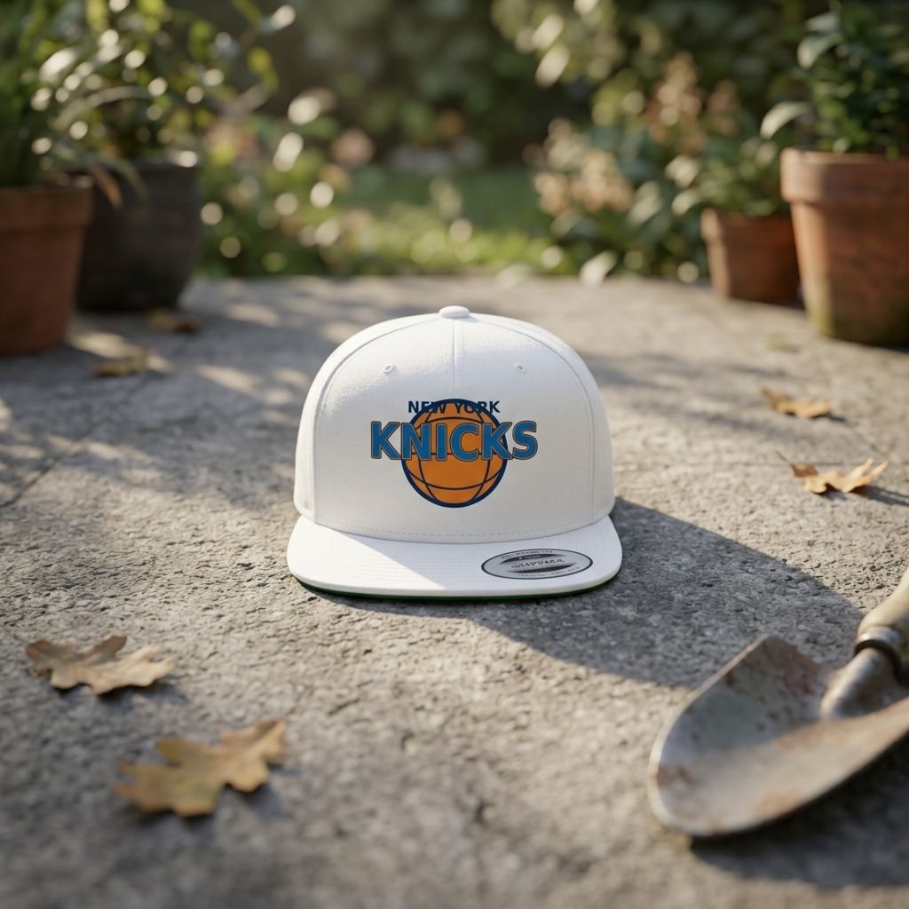 Mini NBA New York Knicks snapback hat outdoors during morning with garden background and detailed cotton texture.