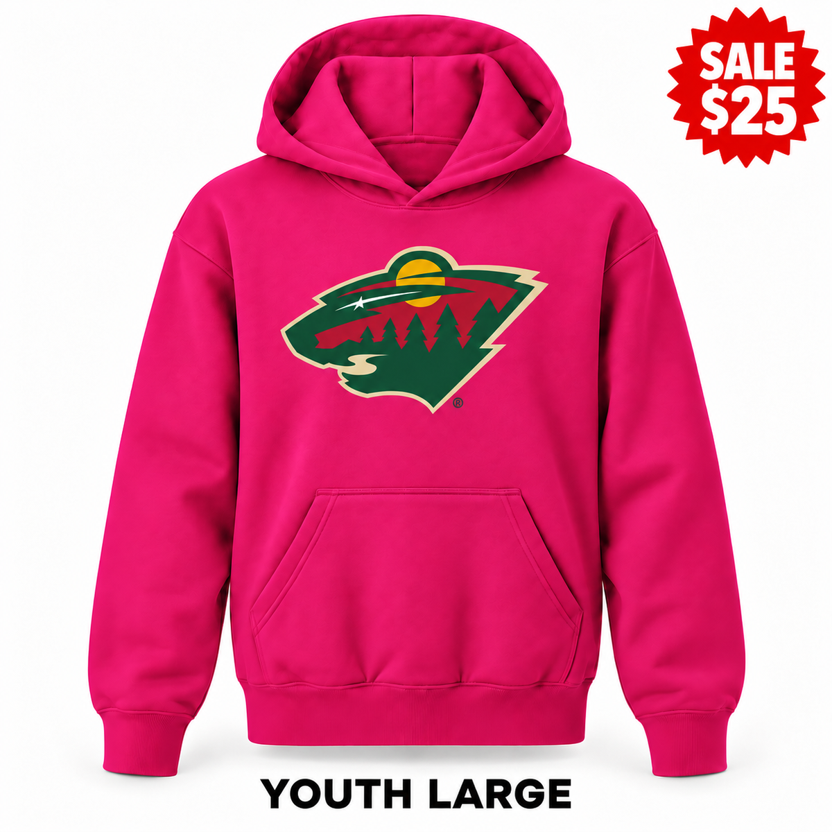 Minnesota Wild Hot Pink sale youth pullover hoodie with original design, YOUTH LARGE label and SALE $25 badge.