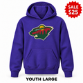 Minnesota Wild Purple sale youth pullover hoodie with original design, YOUTH LARGE label and SALE $25 badge.