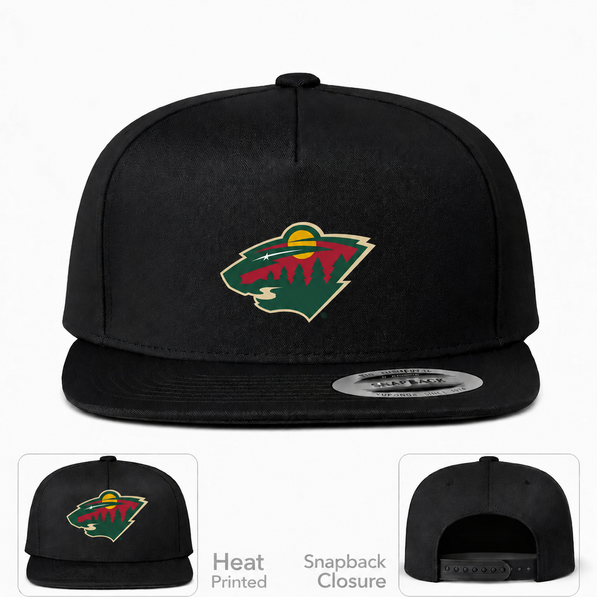 Minnesota Wild snapback with matching team logo on main and inset front views
