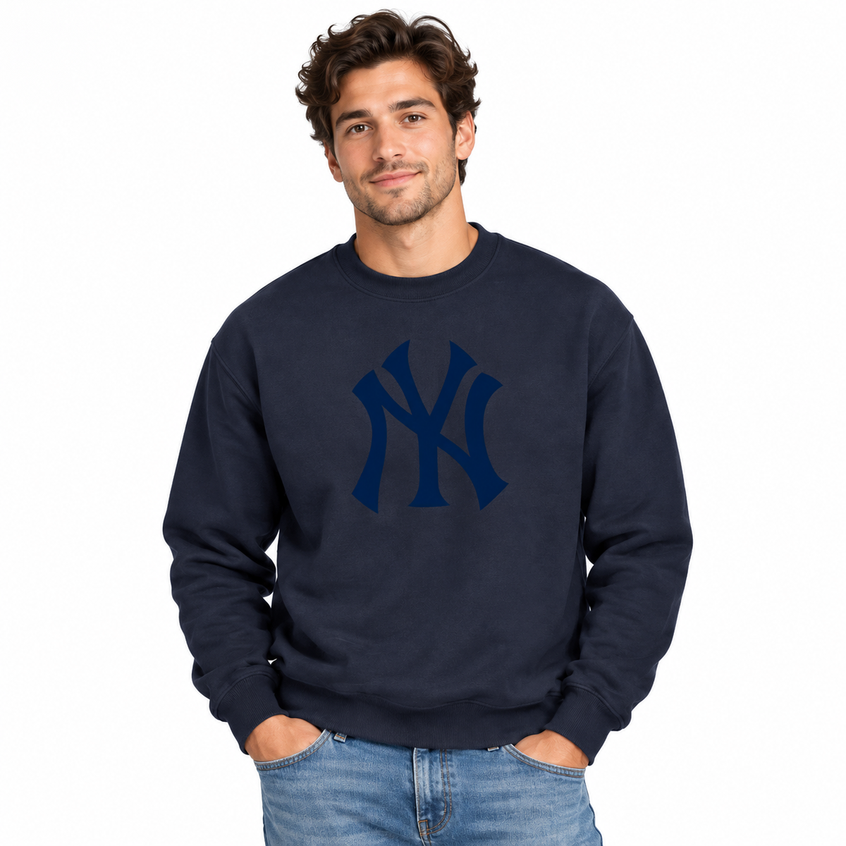 Navy New York Yankees crewneck sweatshirt - model wearing view