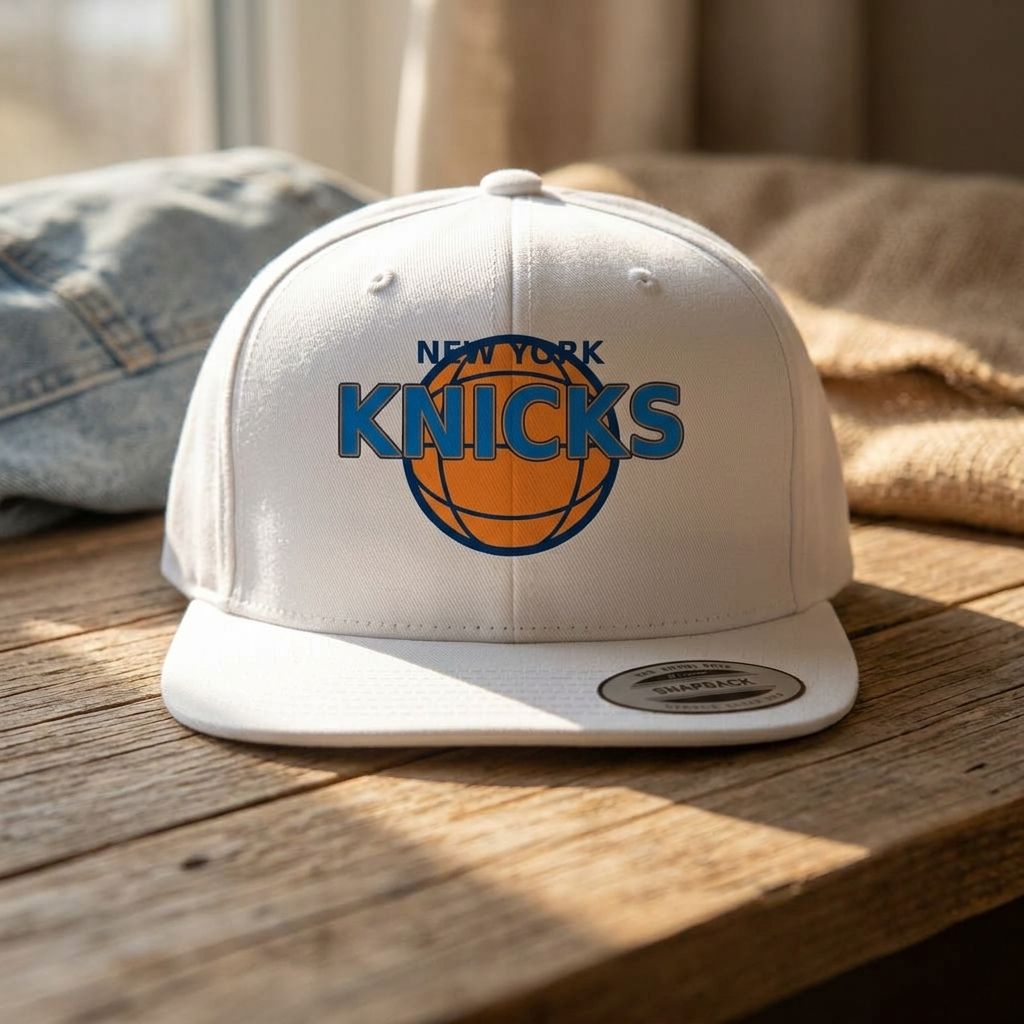 Small NBA New York Knicks snapback hat on rustic wooden surface, emphasizing cotton fabric and logo detail.
